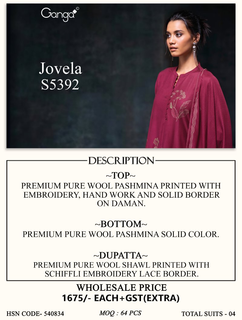 Jovela 5392 By Ganga Wool Pashmina Dress Materials